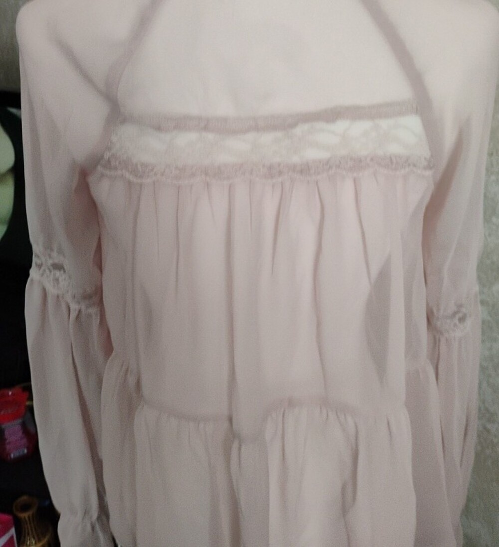 Free People Soft Blush Pink Lace Peasant Blouse with Neck Tie/Prairie, Fairy - Picture 8 of 13